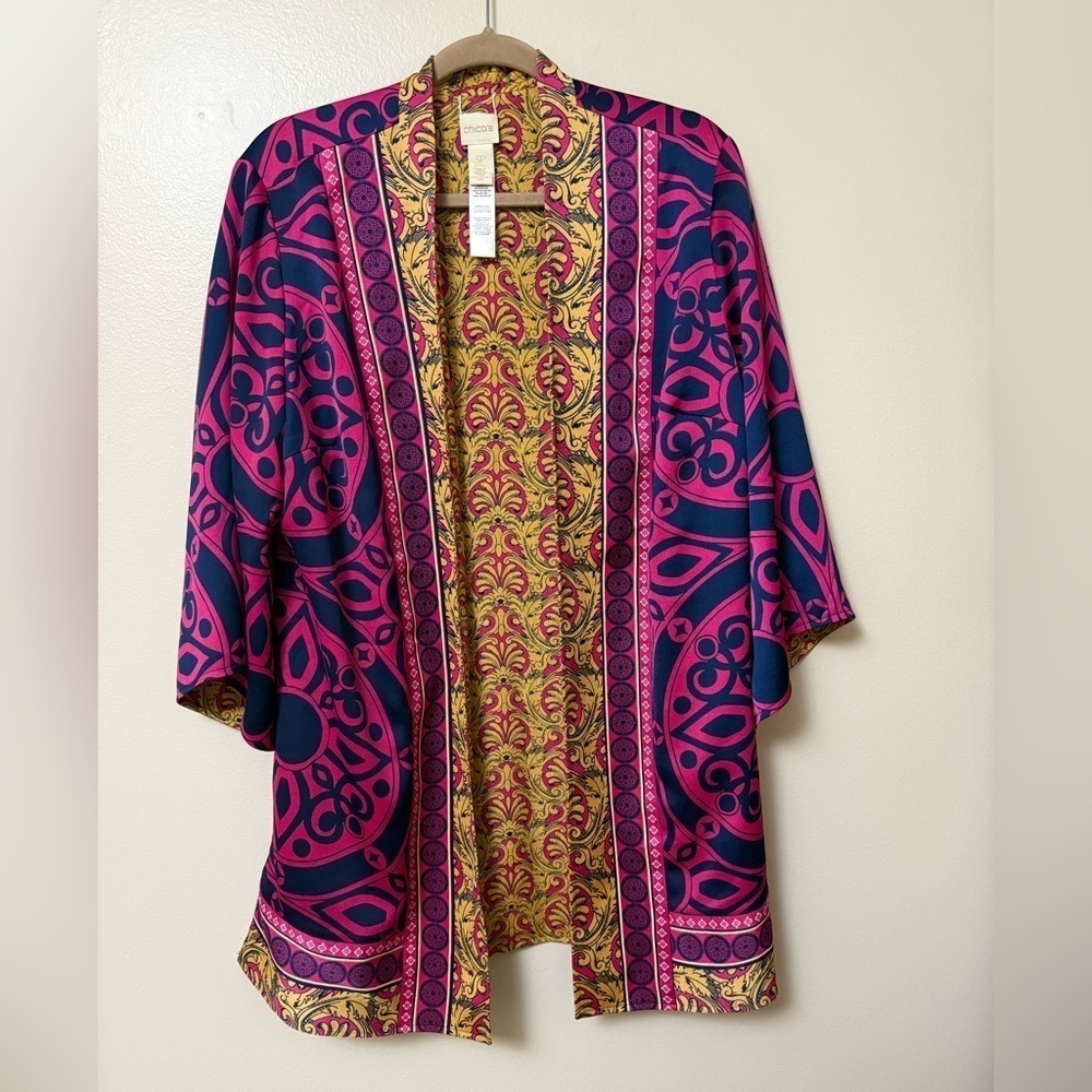 Chicos Reversible Ornate longline Printed Kimono Jacket Size 3P (XL)Pink Purple